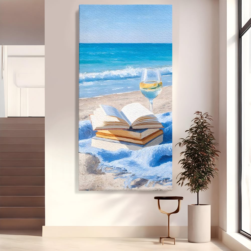 Tablou canvas cu pictura cu carti si pahar de vin pe plaja, fara rama, pe sasiu de lemn